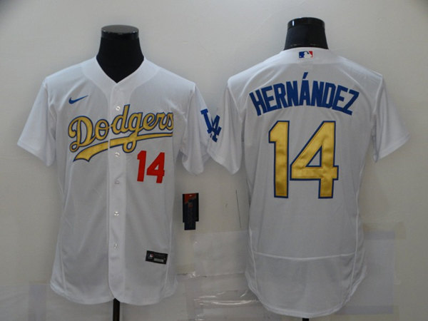 Men's Los Angeles Dodgers #14 Kik?? Hern??ndez 2021 White Gold Sttiched Jersey